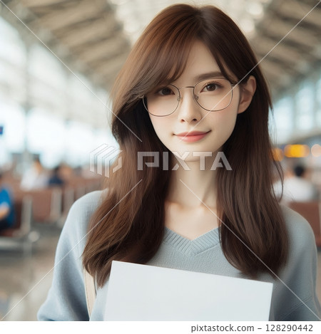 Young Asian Woman Holding Blank Sign at Modern Airport Terminal for Travel and Message Concept with Generative AI. Young Asian Woman Holding Blank Sign at Modern Airport Terminal for Travel and Message Concept with Generative AI. 128290442