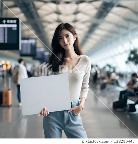 Young Asian Woman Holding Blank Sign at Modern Airport Terminal for Travel and Message Concept with Generative AI. Young Asian Woman Holding Blank Sign at Modern Airport Terminal for Travel and Message Concept with Generative AI. 128290443