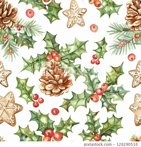 Holiday-themed seamless pattern with watercolor holly leaves, pine cones, red berries, and gingerbread cookies,  festive designs. 128290518