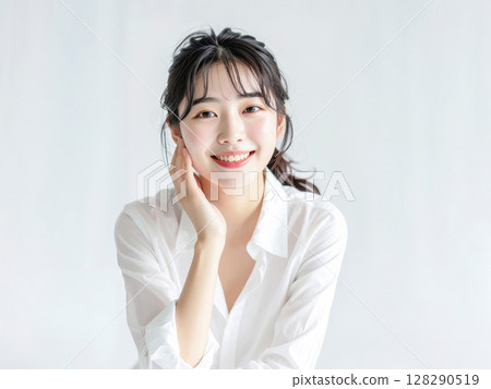 AI-generated image of a young Japanese woman resting her chin on her elbows 128290519