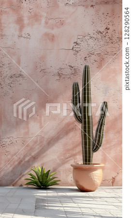 Blank wall concrete pink with cactus potted decoration vintage building 128290564