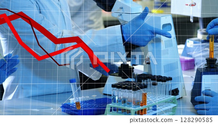 Analyzing data with test tubes and microscope, scientists researching solutions in lab Analyzing data with test tubes and microscope, scientists researching solutions in lab 128290585