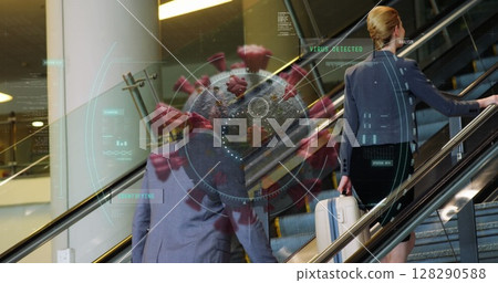 Business travelers with luggage ascending escalator, virus detection overlay in airport Business travelers with luggage ascending escalator, virus detection overlay in airport 128290588