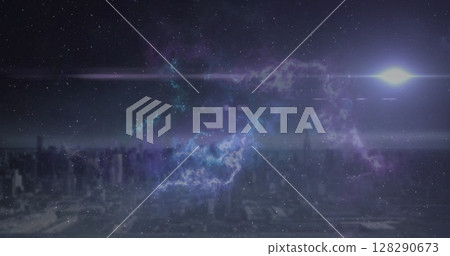 Image of glowing spot disappearing over city horizon line with clouds of smoke Image of glowing spot disappearing over city horizon line with clouds of smoke 128290673