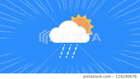 Image of spinning sun with cloud over white stripes on blue background Image of spinning sun with cloud over white stripes on blue background 128290676