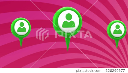 Image of three green person social media icons over rotating pink bright stripes Image of three green person social media icons over rotating pink bright stripes 128290677