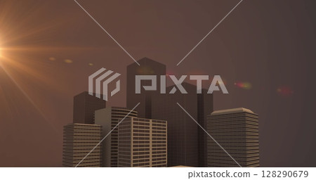 Image of orange glowing spot flickering over cityscape of modern buildings with night sky Image of orange glowing spot flickering over cityscape of modern buildings with night sky 128290679