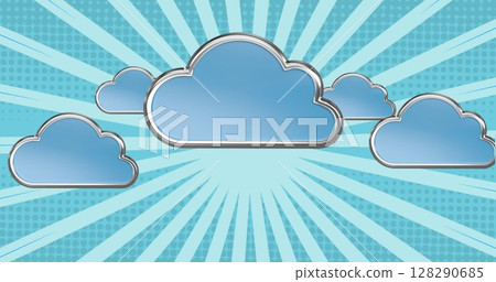 Image of clouds over rotating blue bright vibrant stripes moving in hypnotic motion in seamless loop 128290685