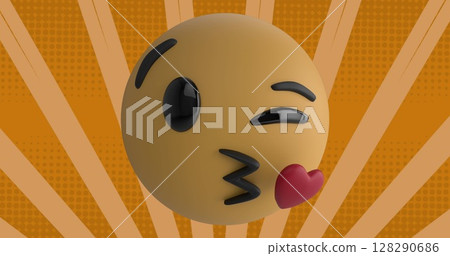 Image of emoji icon sending kisses on rotating yellow bright vibrant stripes in hypnotic motion 128290686