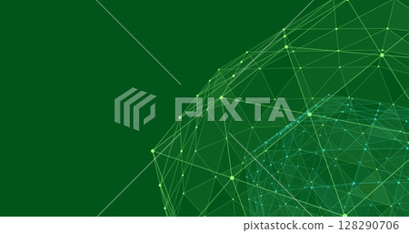 Abstract digital network with green geometric lines and nodes on dark background Abstract digital network with green geometric lines and nodes on dark background 128290706
