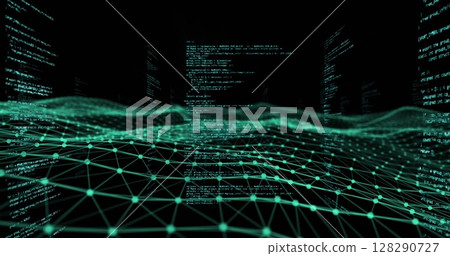 Digital code flowing over network grid, illustrating futuristic technology interface Digital code flowing over network grid, illustrating futuristic technology interface 128290727