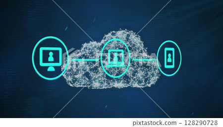 Connecting devices in digital cloud network, showcasing modern technology interfaces Connecting devices in digital cloud network, showcasing modern technology interfaces 128290728