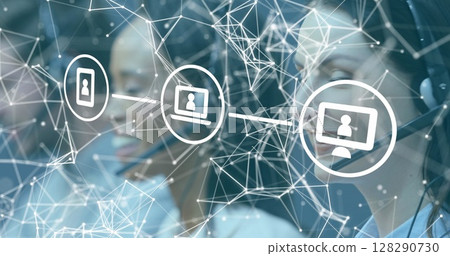 Using headsets, customer service team communicating seamlessly with digital interfaces 128290730