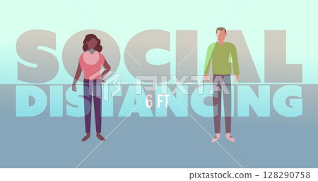 Image of the words Social Distancing 6ft moving over icons of a man and a woman 128290758