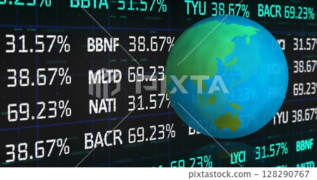 Digital globe floating over stock market numbers, showcasing global finance trends 128290767