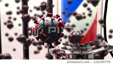 Image of cells spreading over the rotating barbers pole outside a barbershop 128290776