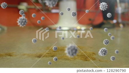 Virus particles floating, illustrating contamination and infection concept in focus 128290790