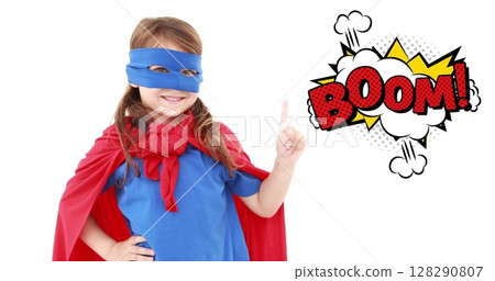 Image of the boom! text written over cartoon retro speech bubble with girl dressed as superhero 128290807