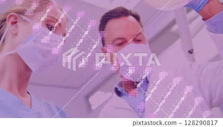 Image of dna strand spinning over male and female dentists in face masks with female patient Image of dna strand spinning over male and female dentists in face masks with female patient 128290817