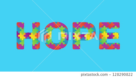 Image of puzzle elements forming autism awareness month symbol with word hope on blue background 128290822