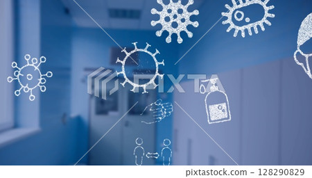 Image of covid cells and faces covered with masks on blue lab background 128290829