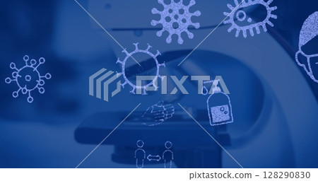 Image of covid cells and faces covered with masks on blue microscope background 128290830