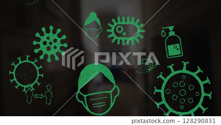 Image of covid cells and faces covered with masks on blurred hospital background Image of covid cells and faces covered with masks on blurred hospital background 128290831