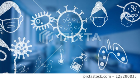 Image of covid cells and faces covered with masks on blue blurred lab background 128290833