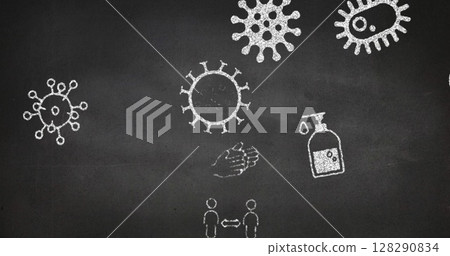 Image of covid cells and faces covered with masks on grey background 128290834