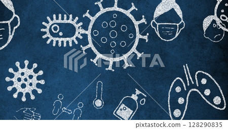 Image of covid cells and faces covered with masks on dark blue background Image of covid cells and faces covered with masks on dark blue background 128290835