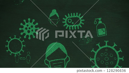 Image of covid cells and faces covered with masks on green background Image of covid cells and faces covered with masks on green background 128290836