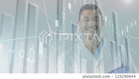 Image of medical data processing over attractive male medical worker wearing white suit 128290844
