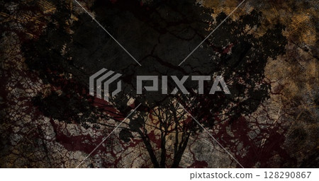 Image of flickering distressed pattern over black tree silhouette on brown background 128290867
