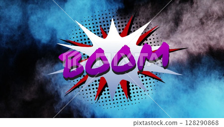 Image of boom text over comic retro speech bubble with blue and grey cloud of smoke 128290868