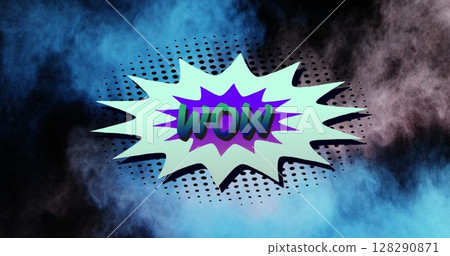 Image of wow text over comic retro speech bubble with blue and grey cloud of smoke 128290871