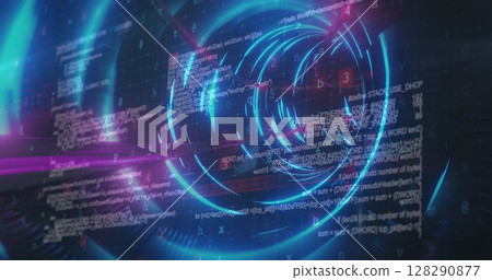 Image of digital interface data processing with network of connections in blue glowing tunnel 128290877