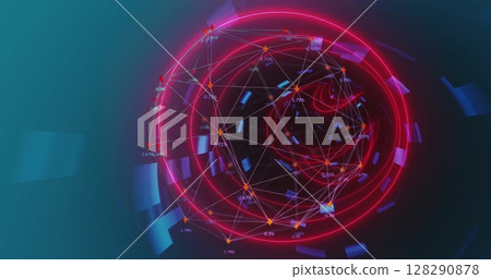 Image of digital interface with network of connections with glowing pink tunnel Image of digital interface with network of connections with glowing pink tunnel 128290878
