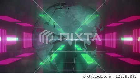 Image of digital interface with globe of network of connections in pink glowing tunnel Image of digital interface with globe of network of connections in pink glowing tunnel 128290882