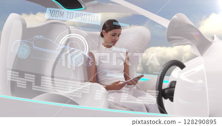 Image of woman in car with white interiors in autopilot mode driving with clouds and blue sky Image of woman in car with white interiors in autopilot mode driving with clouds and blue sky 128290895