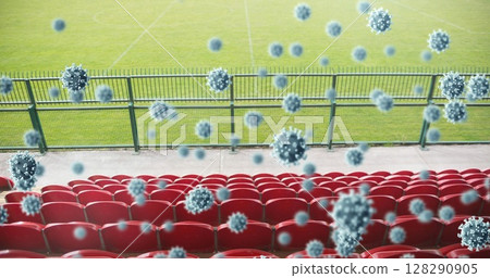 Image of coronavirus cells floating over empty stadium Image of coronavirus cells floating over empty stadium 128290905
