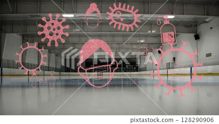 Image of coronavirus cells and icons floating over empty ice rink Image of coronavirus cells and icons floating over empty ice rink 128290906