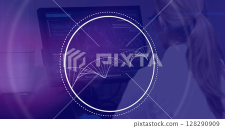 Image of scope scanning and dna strand formed with white particles over female scientist Image of scope scanning and dna strand formed with white particles over female scientist 128290909