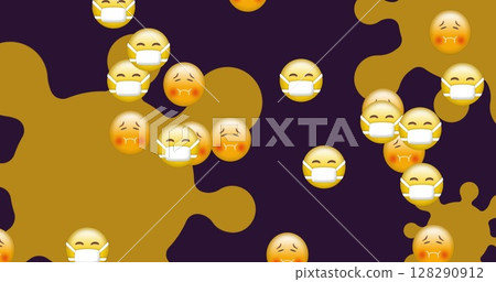 Image of coronavirus cells with emoji icons with face masks on purple background 128290912