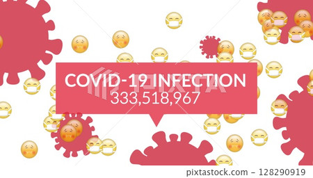 Image of cells with speech bubble showing covid 19 infection cases and emoji icons with face masks Image of cells with speech bubble showing covid 19 infection cases and emoji icons with face masks 128290919