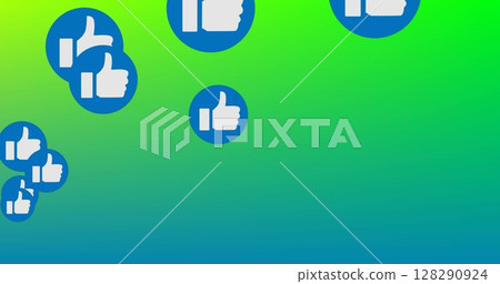 Image of multiple thumbs up like icons moving against green background Image of multiple thumbs up like icons moving against green background 128290924