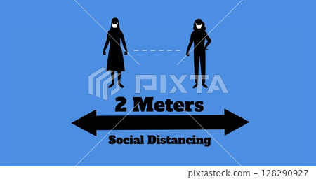 Image of people wearing face masks social distancing and arrow on blue background 128290927