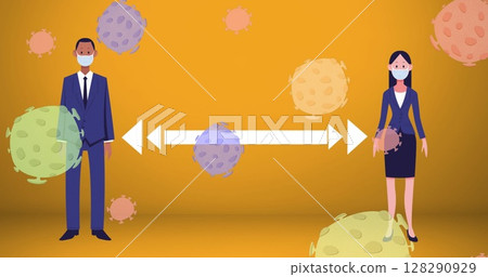 Image of people wearing face masks social distancing with cells and arrow on orange background Image of people wearing face masks social distancing with cells and arrow on orange background 128290929