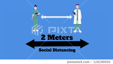 Image of doctors wearing face masks social distancing with 2 meters social distancing text 128290930