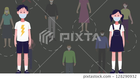 Image of people wearing face masks social distancing with arrow on grey background 128290932