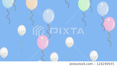 Image of multicoloured and white balloons flying on blue background 128290935